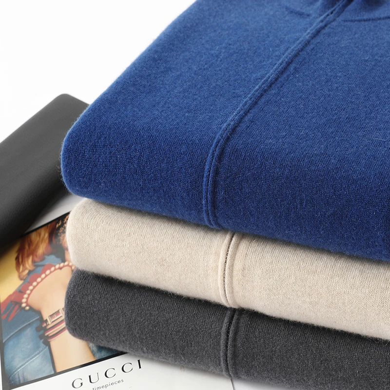 Winter men's 100% cashmere cardigan business casual reversible sweater loose semi high neck Tops thick Jumper zipper jacket