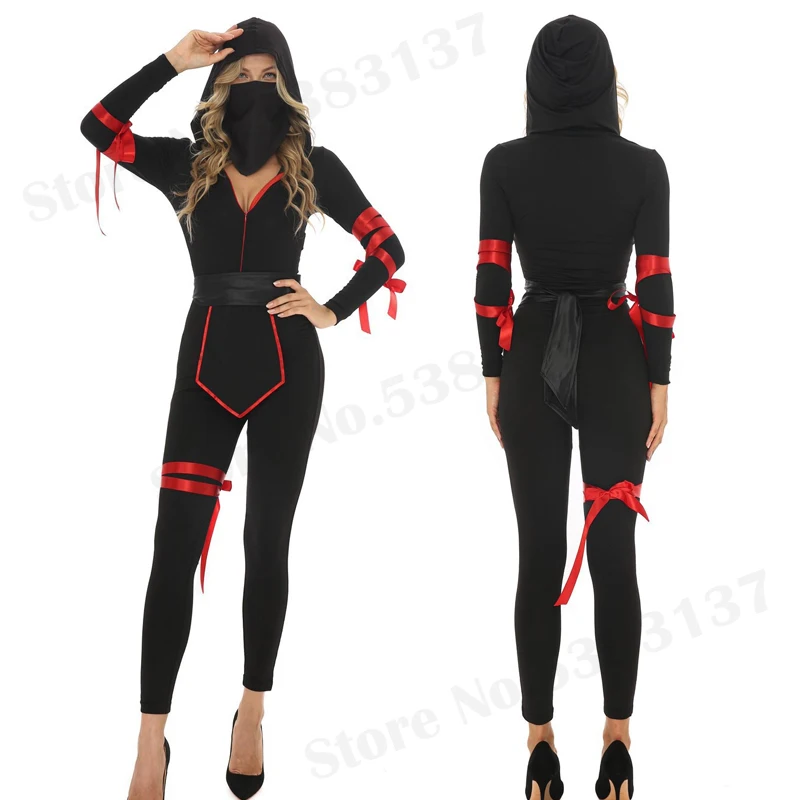 

Women Masked Ninja Warrior Cosplay Costume Adult Halloween Carnival Party Role Play Clothes Black Sexy Slim Jumpsuit Fancy Dress