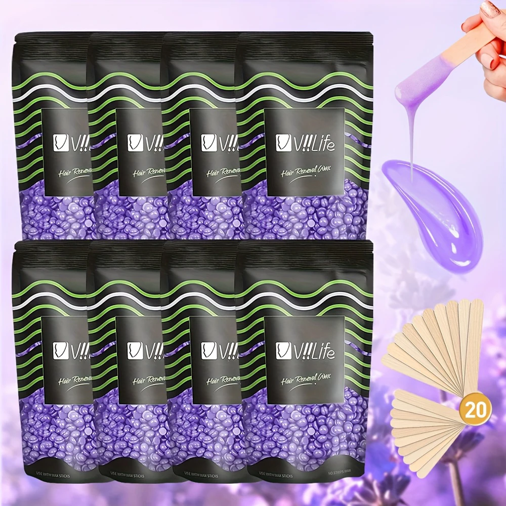 

8pcs VIILIFE Hard Wax Beans Hair Removal Set Large Capacity Aloe Vera Scent Alcohol-Free Quick & Lasting for Body Hair Removal