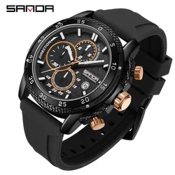 Fashion Sanda Top Brand Sport Watches For Men Waterproof Luminous Chronograph Quartz Wristwatch With Auto Date Silicone Strap