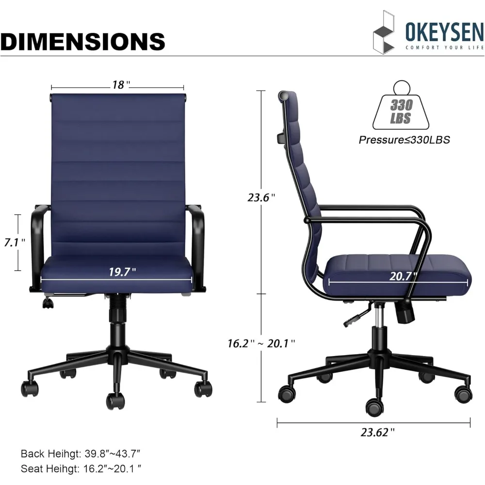 sedia da ufficio ergonomica in pelle blu dal design a coste, girevole regolabile in altezza per sale esecutive e conferenze