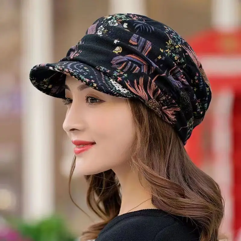 Ethnic Women Hat Short Brim Warm Foldable Earflap Women Cap Ethnic Style Floral Print Autumn Winter Caps Clothing Turban Visor