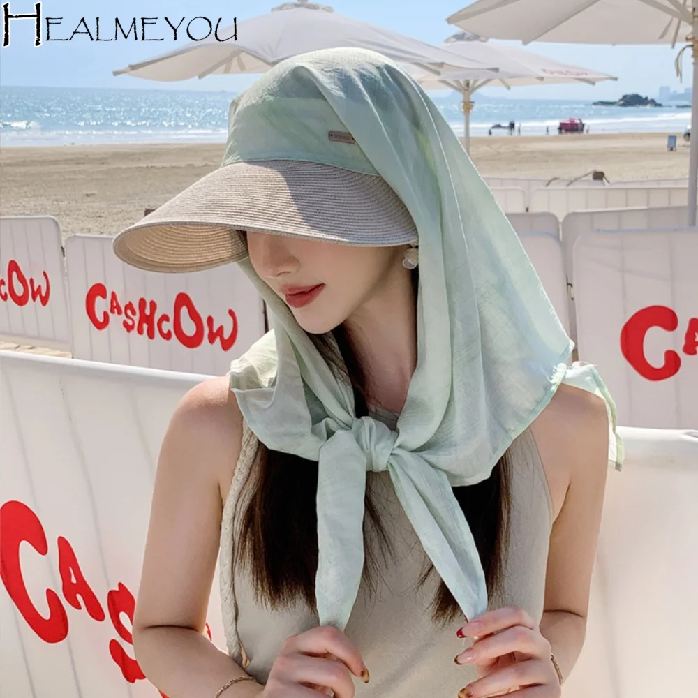 Casual Korean Style Headscarf Baseball Hat Wide Brim Print Scarf Baseball Cap Neck Guard Neck Protection Strappy Scarf Hat Girl