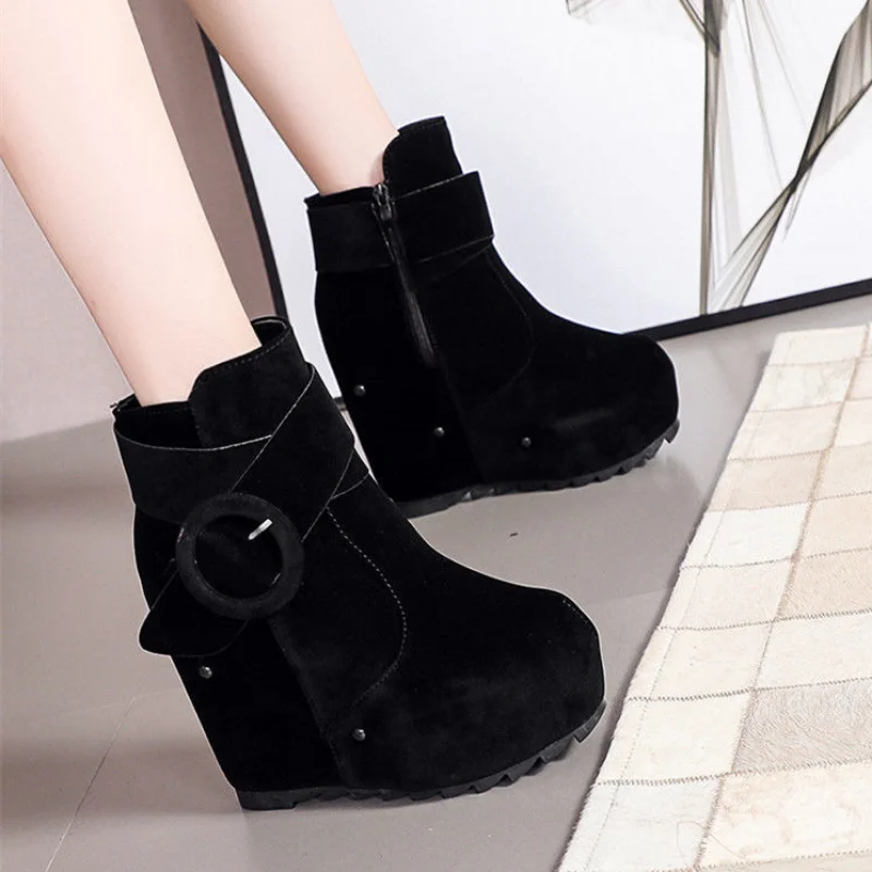 Wedge Ankle Boots Winter Warm 2024 New Tassel Shoes Lady Super High Heel Thick Sole Platform Frosted Motorcycles Boots Black