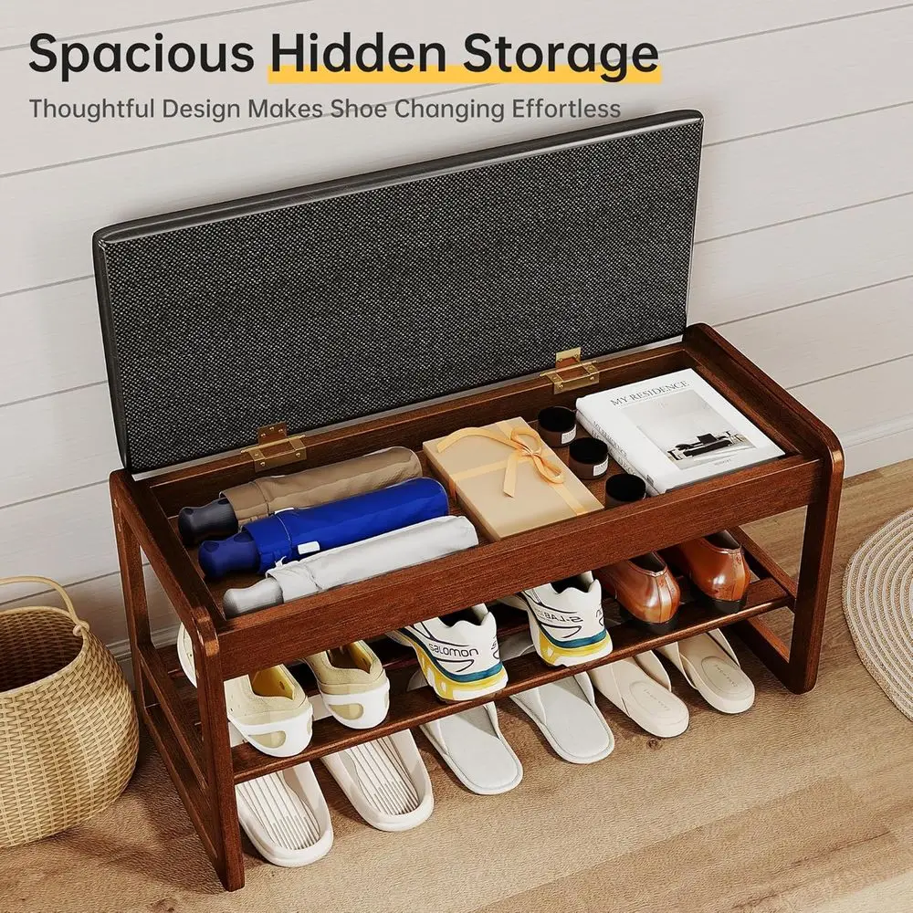 Wooden Flip-Top Shoe Rack Bench, 2-Level Organizer with Cushion for Entryway, Mudroom, and Foyer