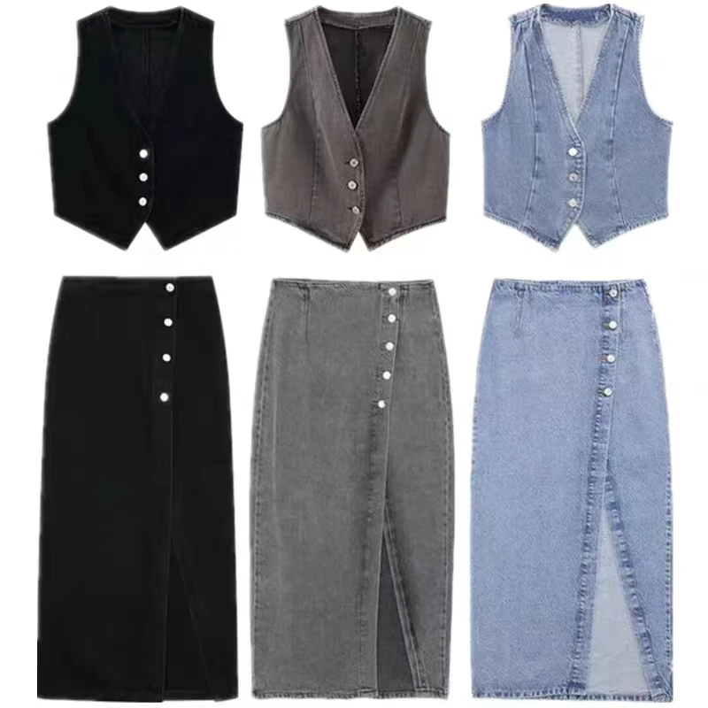 Women s 2 Piece Denim Skirts Outfits Solid Color Buttons Sleeveless Denim Tank Tops Jean Skirts Clothes Set