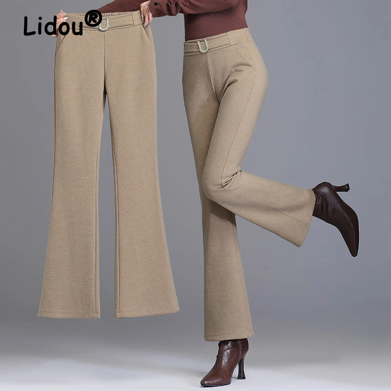 

Autumn Winter 2022 New Vintage Elegant Fashion Woolen Cloth Office Lady Trousers Women Solid Slim Elastic High Waist Flare Pants