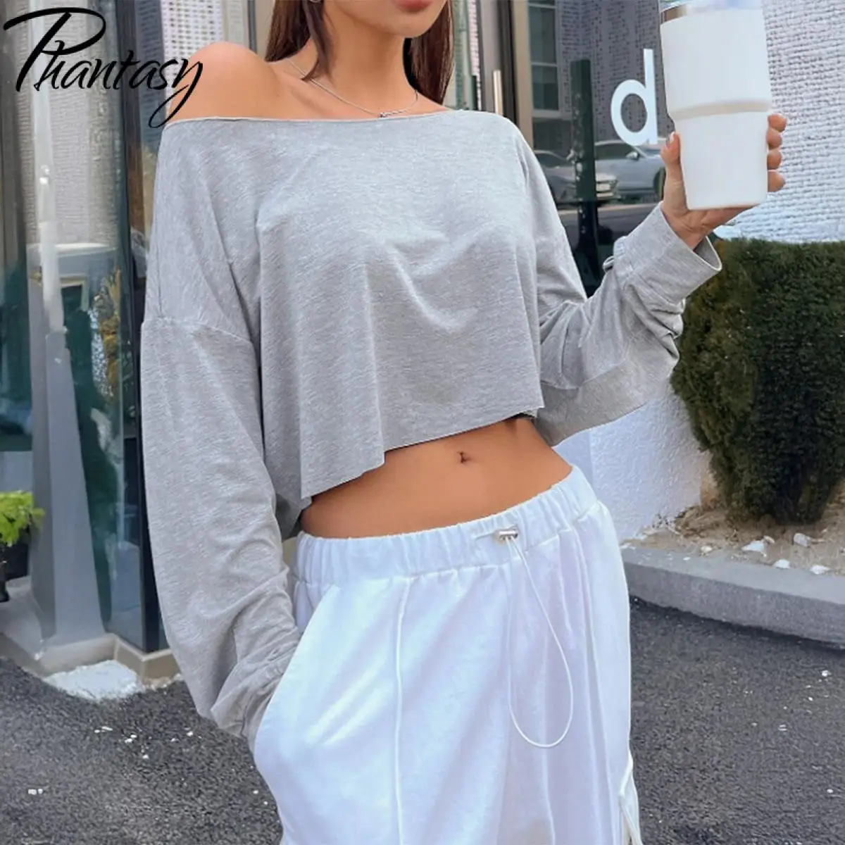 Phantasy Women's Loose Top Sexy Off Shoulder Long Sleeve Grey Solid Basic Tops Korean Casual Style Fashion T-Shirt 2025 ﻿