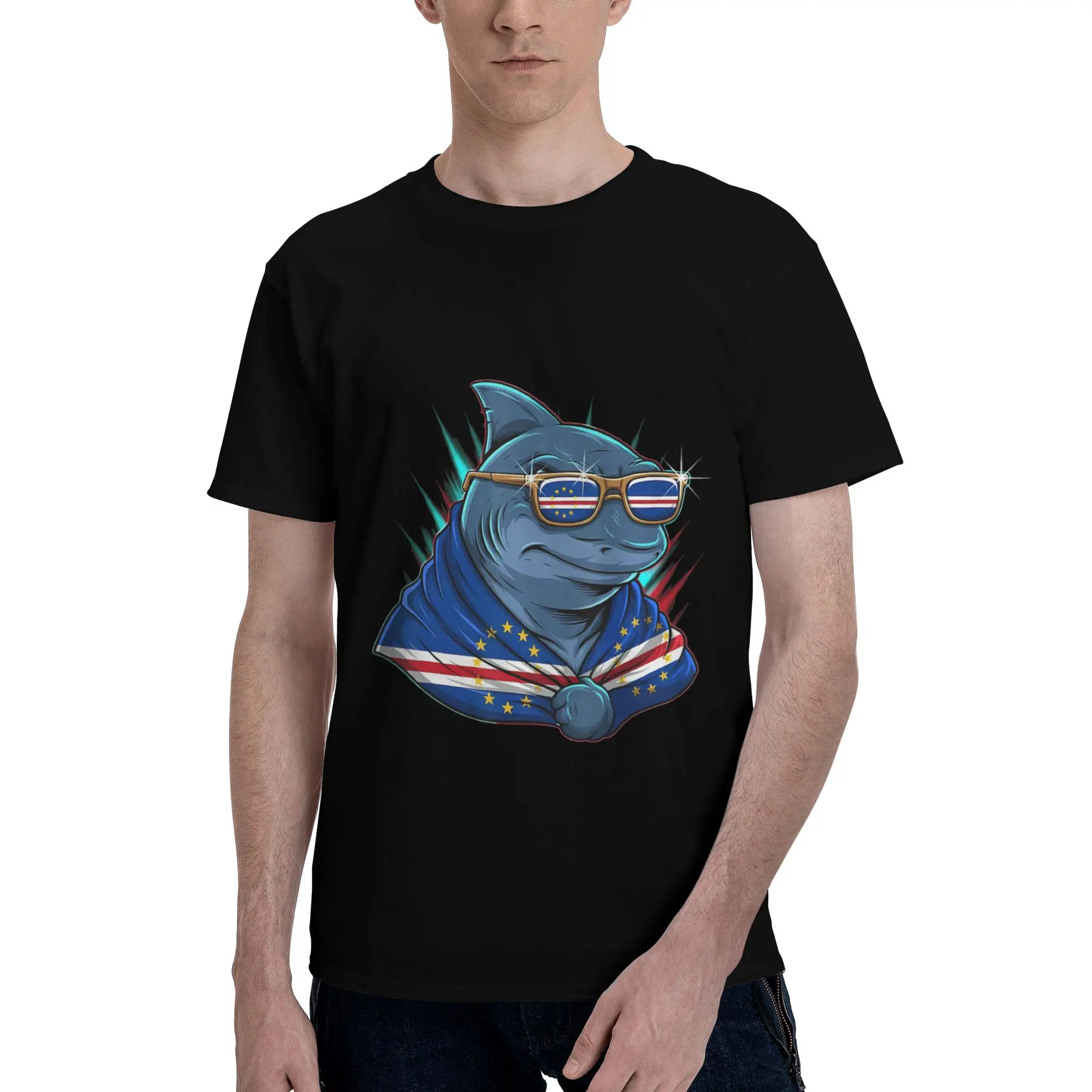 Cape Verde Flag Shark Cape Verdean Roots Men T-Shirt Clothes  Humorous Tee Shirt Short Sleeve fugees Pure Cotton