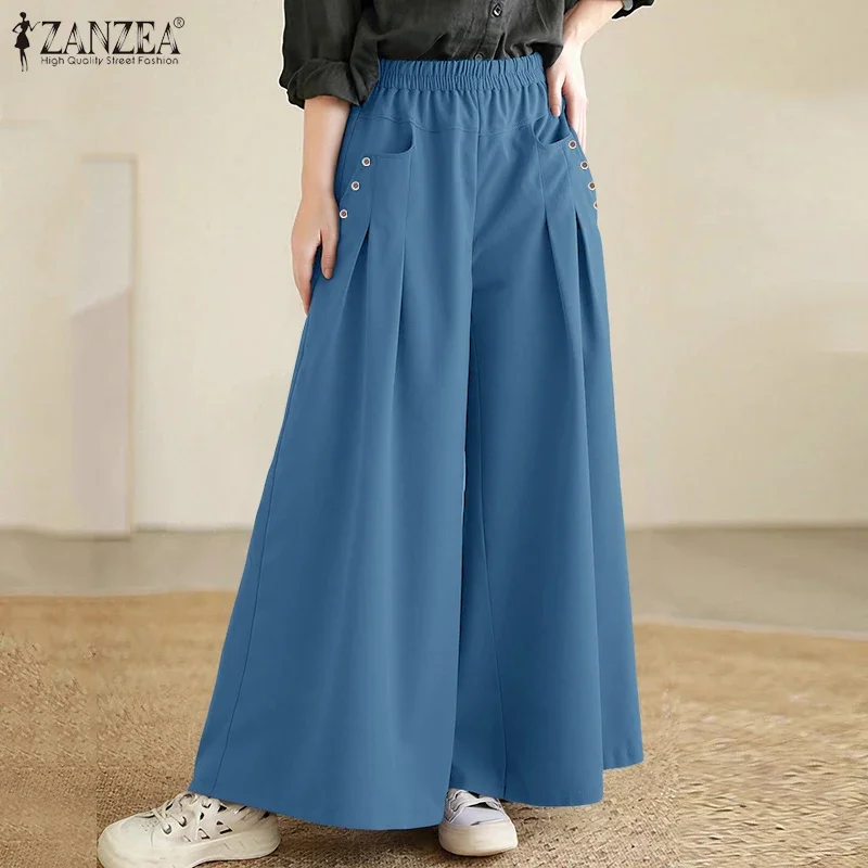 2026 ZANZEA Fashion Women Wide Leg Pants High Waist Pockets Long Trouser Elegant Streetwear Casual Solid Elastic Waist Pantalons