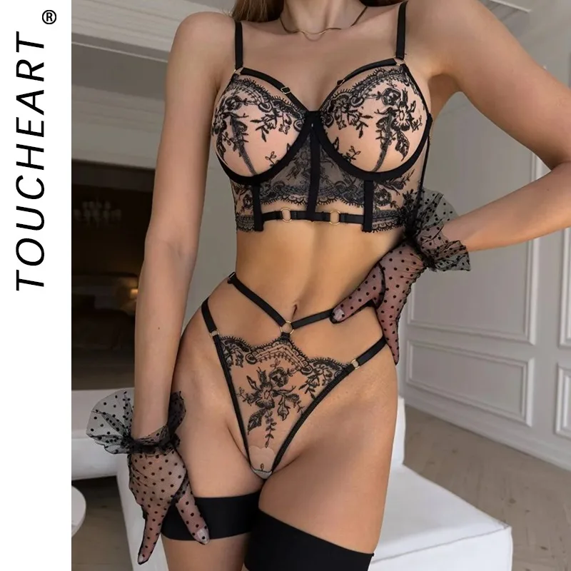 

Toucheart Sexy Women's Underwear Mesh See-through Bra Temptation Embroidered Girdle Garter Belt Sexy Bow Knot Lingerie Suit New