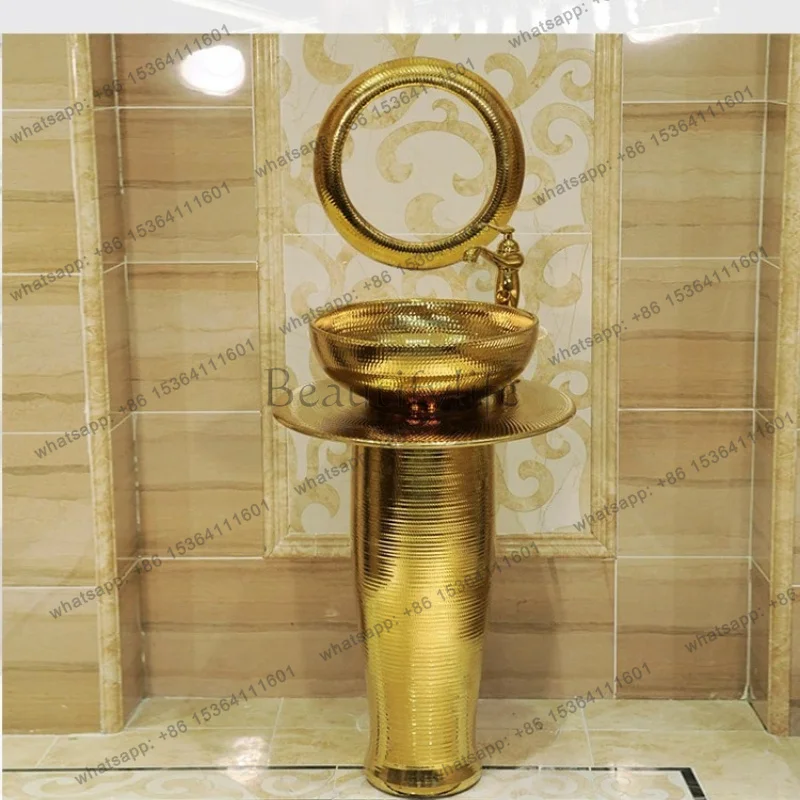 YJ European Art Column Wash Basin Bar Floor-to-ceiling Washbasin Ceramic Gold Integrated Wash Basin