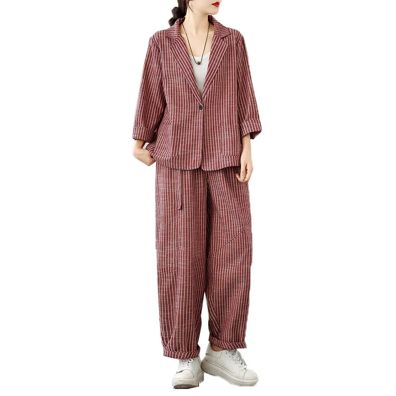 Faionable gestreiftes Baumwoll-Leinen-Set, Vintage, vielseitig, lang, S Sve, lockeres zweiteiliges Set, Harlan-Hosen-Set für Damen in Übergröße
