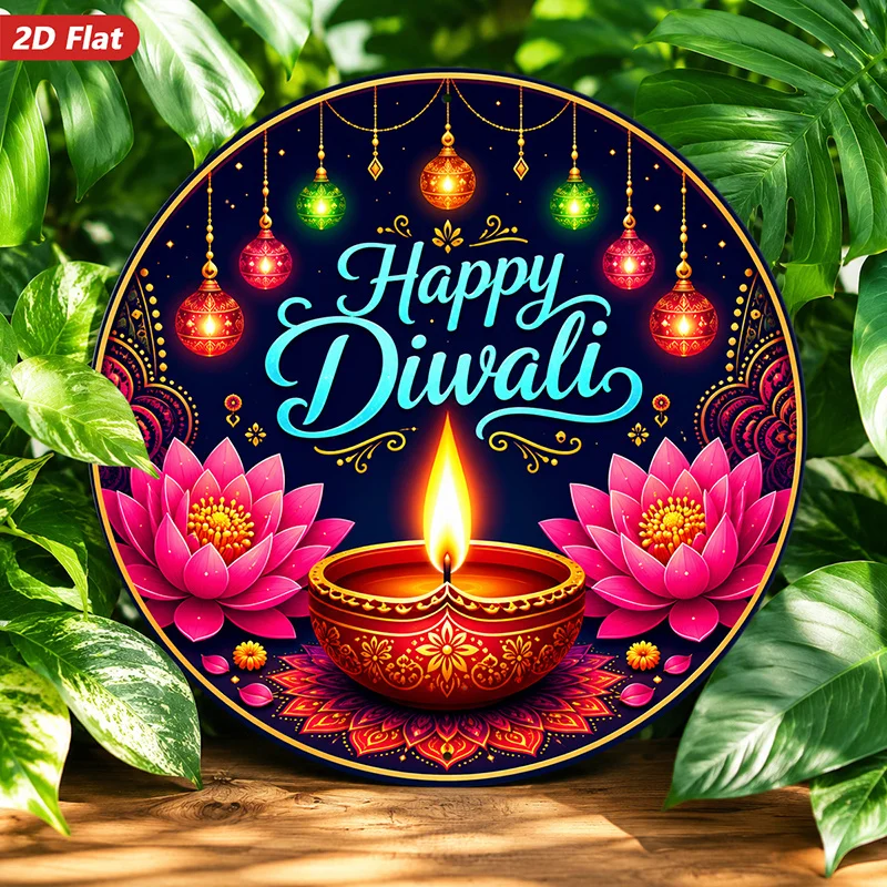 2D Flat, 1pc Round Metal Sign Wall Art, Happy Diwali Home Decor, for Lotus Pattern, Lantern Element, Festive Style,
