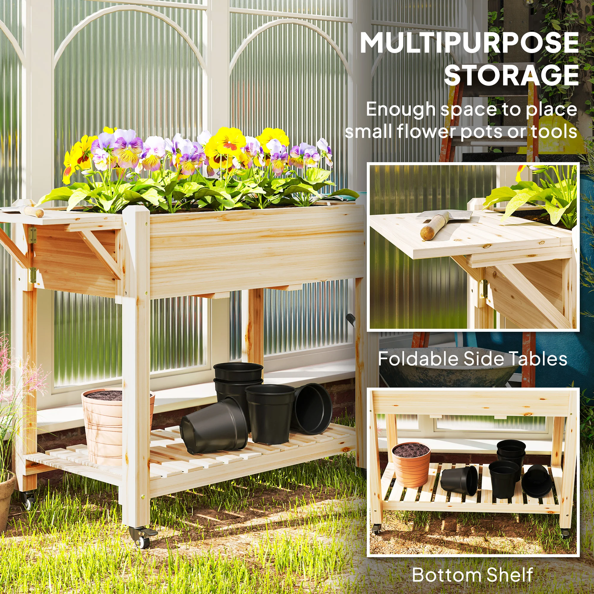 Wooden Raised Bed Planter with Lockable Wheels, Side Tables, Liner, Natural