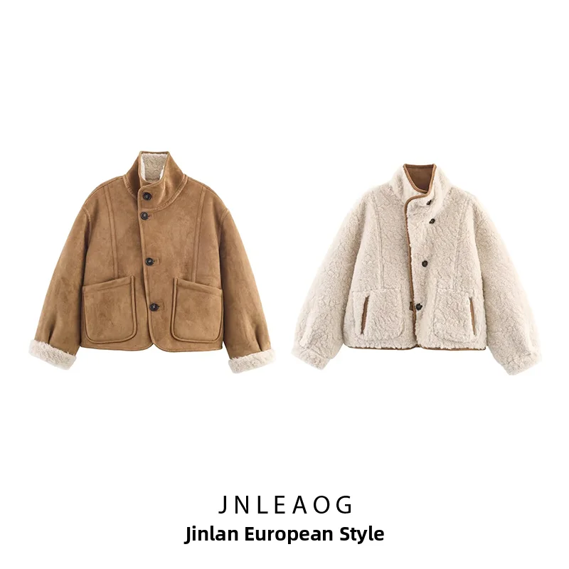 JNLEAOG Women's Double-Sided Wear Comfortable Daily Jacket Autumn New Style Standard Fit Polyester Short Coat Button Closure