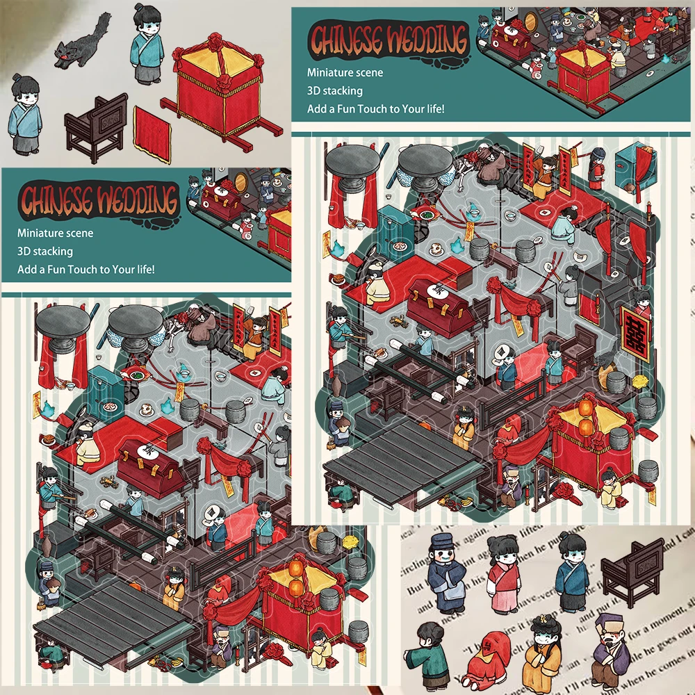 

3 шт., китайские свадебные 3D милые мультяшные наклейки для ландшафтного дизайна, ностальгические канцелярские принадлежности для ноутбука, художественная картина для багажа, наклейка для скейтборда