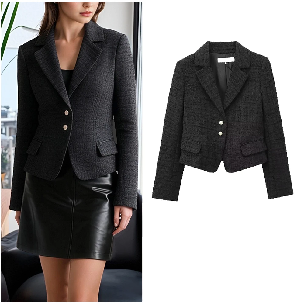 

Elegant Textured Blazer For Women Fashion Button Up Long Sleeve Slim Cropped Coat 2025 New Autumn Retro Classic Black Outerwear