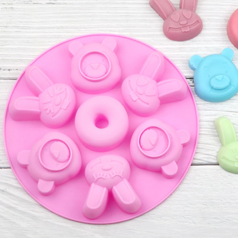 7 Cavities Soap Making Tools Bear Rabbit Donut Cake Feet Pattern Cake Chocolate Silicone Mould Soap Mold Handcrafted Accessories