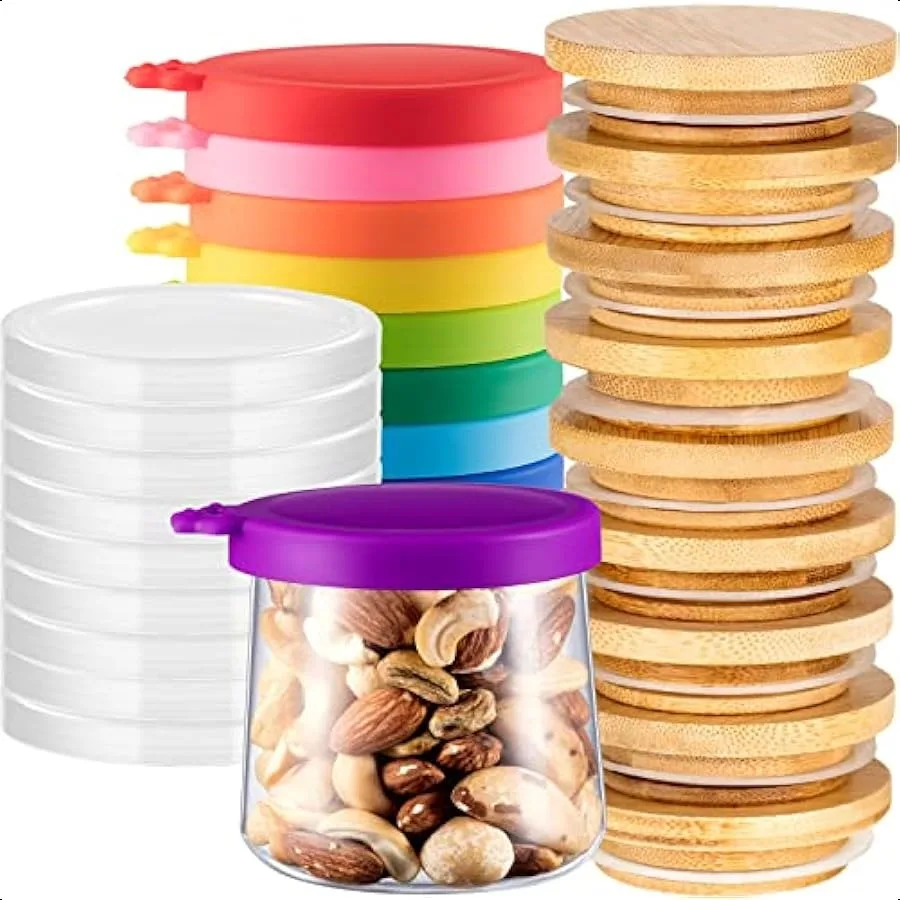 

27 Pcs Yogurt Jar Lids Clear Plastic Silicone Bamboo Wood Container Lids with Silicone Sealing Rings Reusable Replacement Cover
