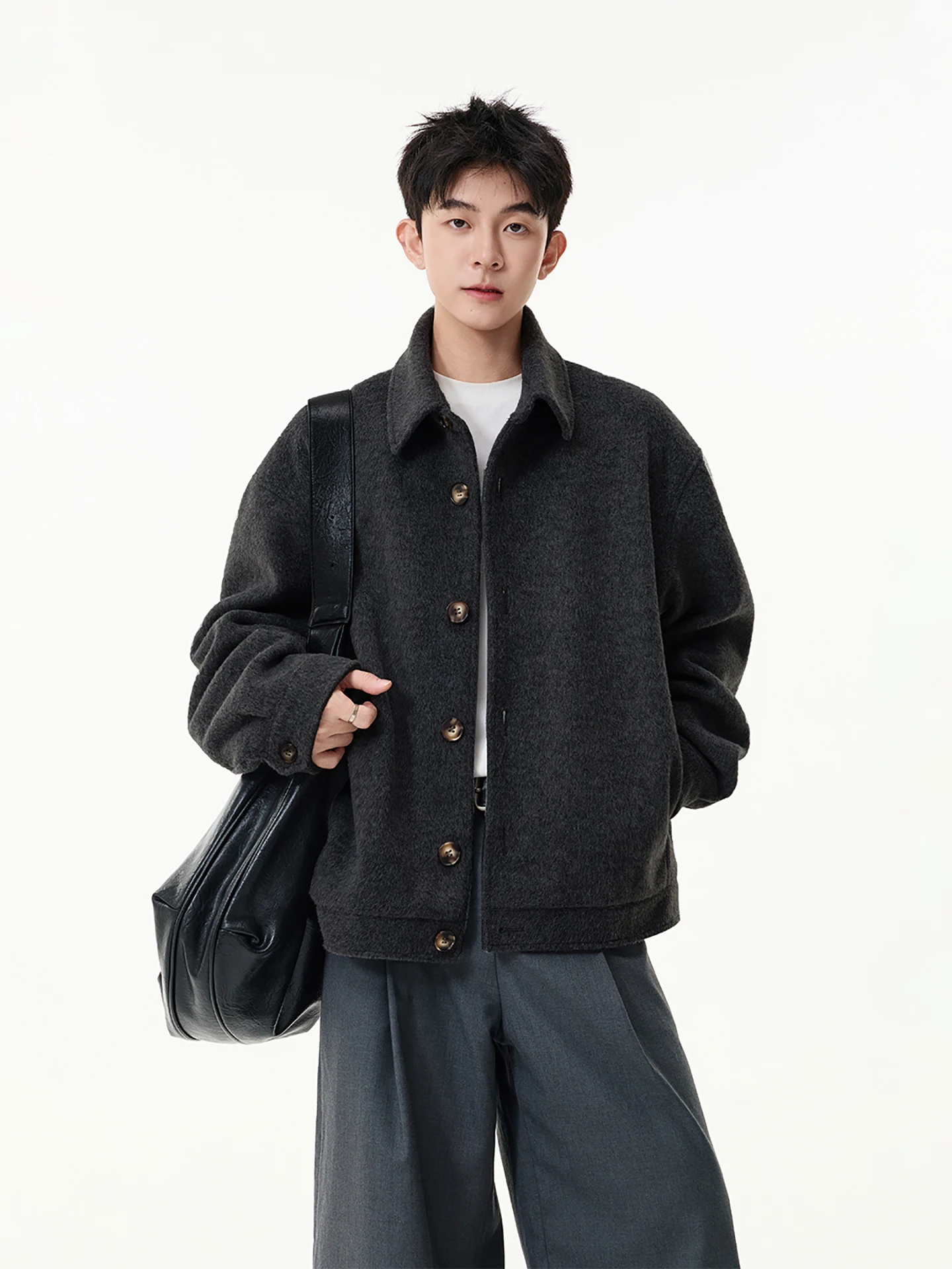 

Boyue Korean Sle Simple Woolen Color Jaet Men Women Warm Casual High-End ape Outerwear Long Sve Button Closure