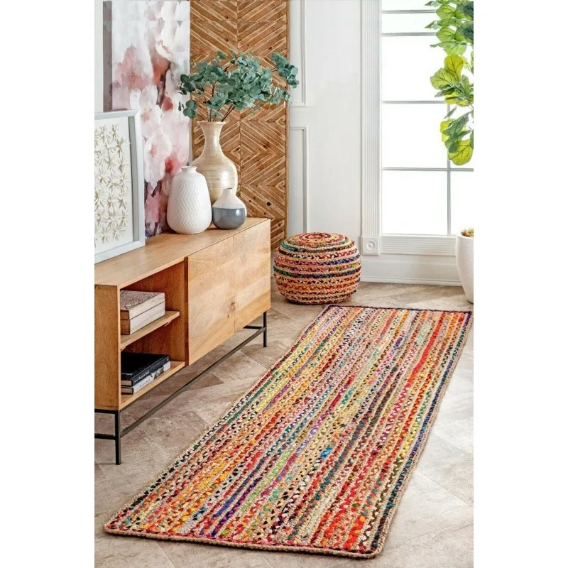 

Rug Jute & Cotton Runner Rectangle Handmade Natural Rustic Look Braided Carpet