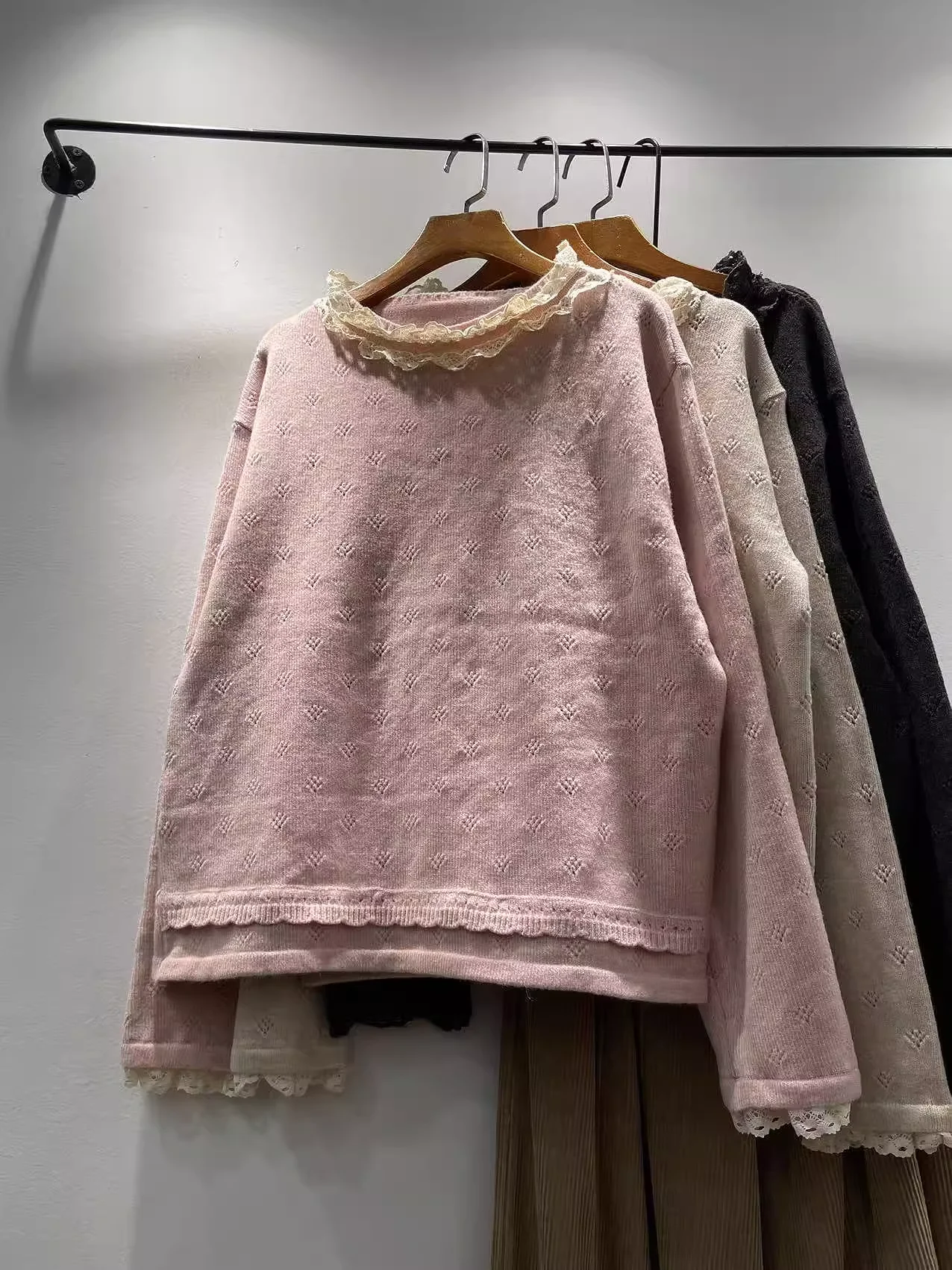 

Mori kei sweater for women knitted pullover autumn winter Japanese style lace collar pink beige gray sweater pullover
