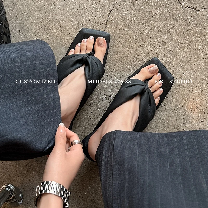 2026 new summer women sandals natural leather plus size 22-25.5cm soft heepskin split toe mules pleated high heel women slippers view 4