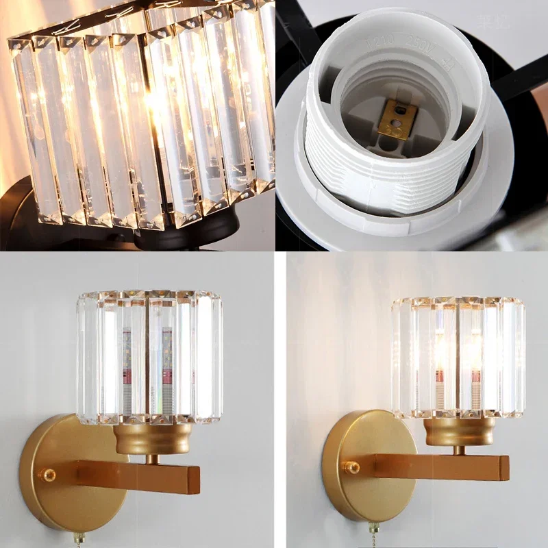 Crystal Wall Lights Sconce Modern Nordic Bedroom Lamp Decor Home Pull Switch Lighting Living Room Bed Side Wall Mirror Fixture