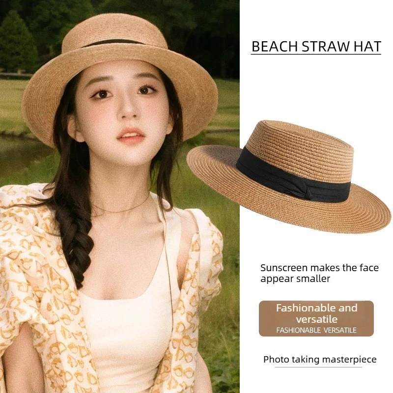 1 Stück Damen Strand Stroh Fedora Hut Sonnenschutz Gesichtsschlankheitskappe, trendige Outdoor/Fotoshooting Sommer Kopfbedeckung Hut für Frauen