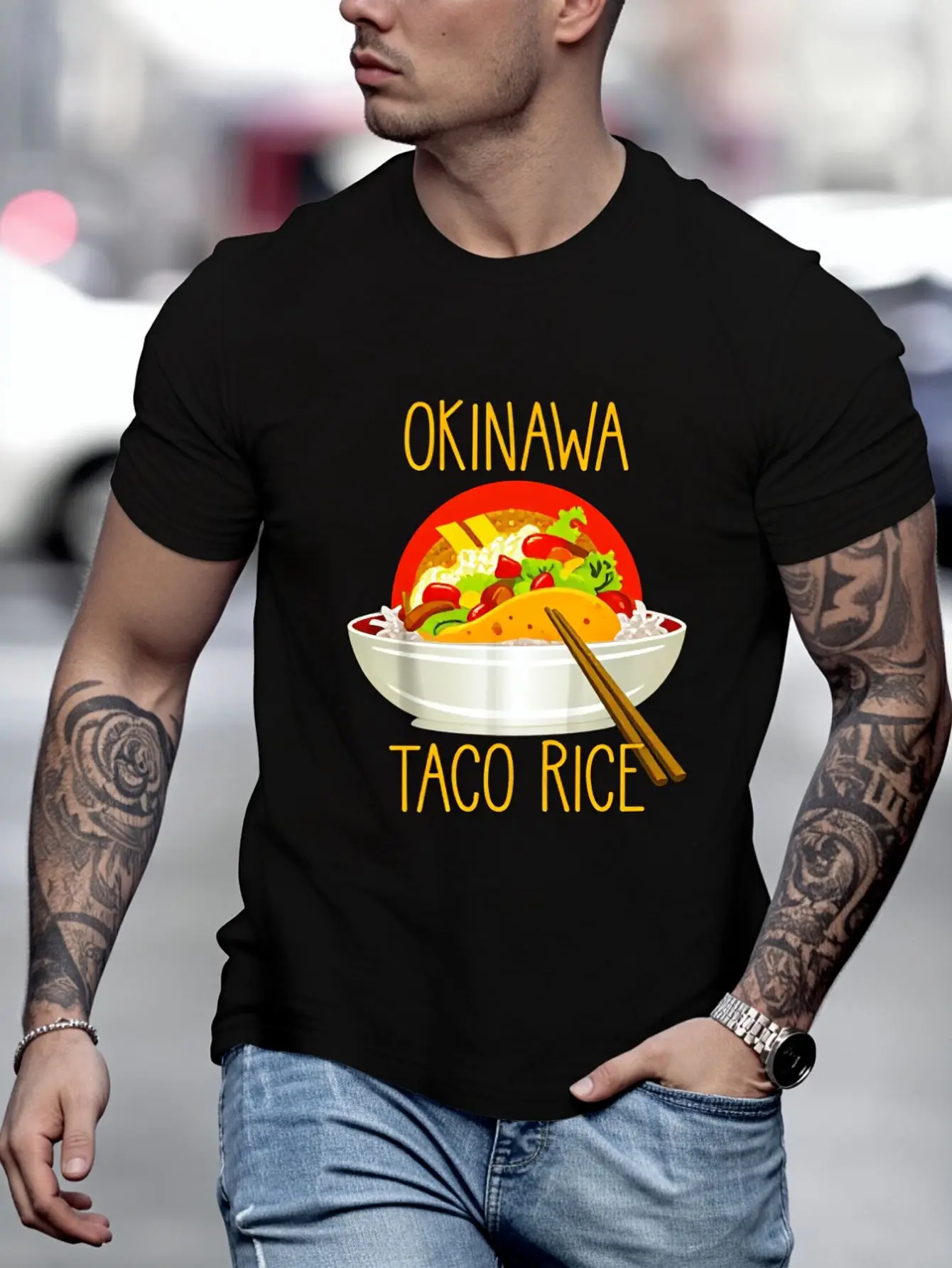 100% Cotton Okinawa Taco Rice Japanese Kitchen Foodie T-Shirt Street Hip-Hop Style Men's T-Shirt