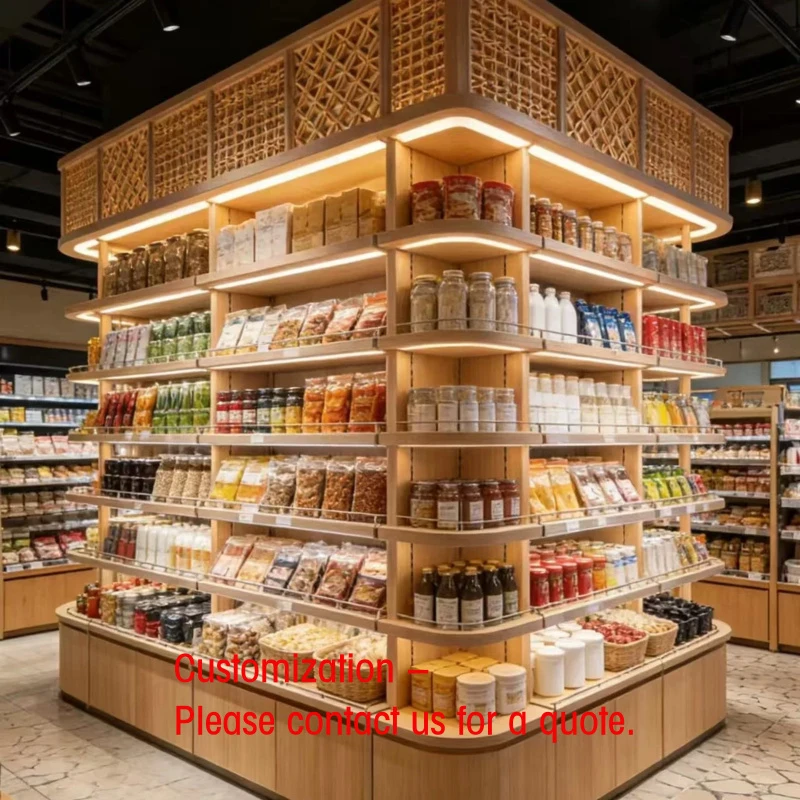 custom.Premium Wood Grain Supermarket Island Shelving, Multi-Sided LED-Lit Display Racks Gourmet & Organic Food Stores