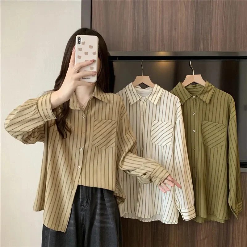 

Vintage Striped Chiffon Blouses Women Spring Korean Loose Long Sleeve Button Up Casual Tops Bf Baggy Preppy All Match Shirts New