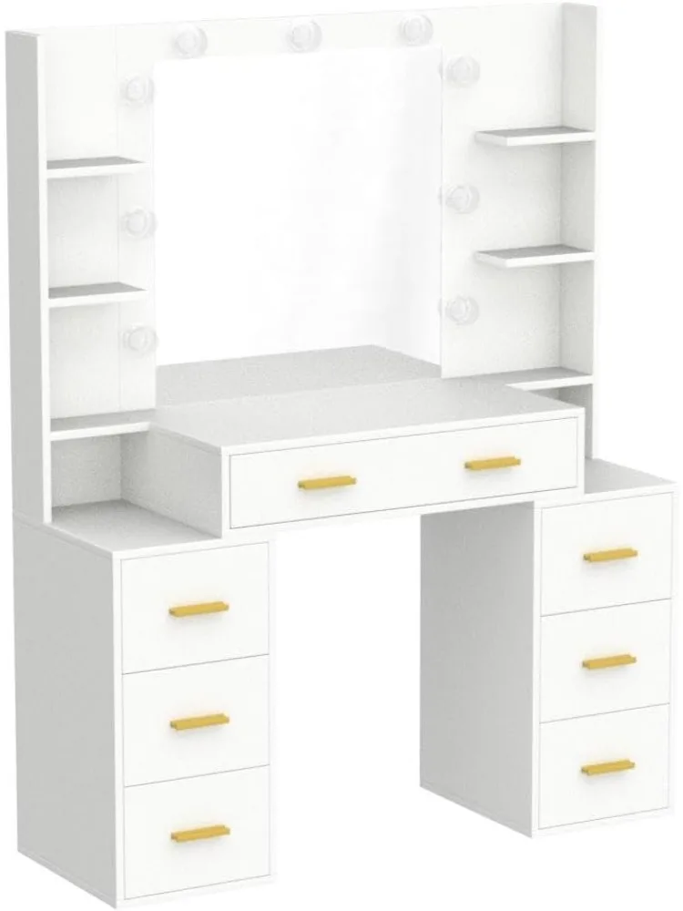 Vanity Set with Lighted Mirror, 43'' Makeup Vanity with Charging Station, Vanity Desk with 9PCS LED Bulb, Storage Shelv