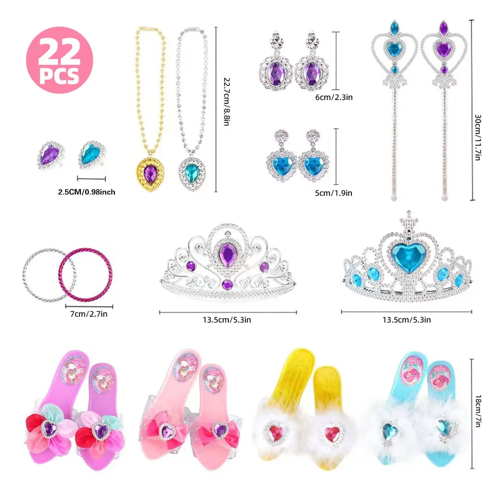 Conjunto de joyas para zapatos de princesa, 22 piezas, incluye 4 pares de zapatos + una variedad de accesorios de moda