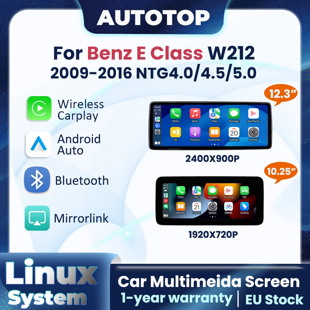 �cran multim�dia sans fil CarPlay Android Auto 10,25'' 12,3 pouces pour Benz Classe E W212 2009-2016 NTG4.0 4.5 5.0 GPS BT autoradio