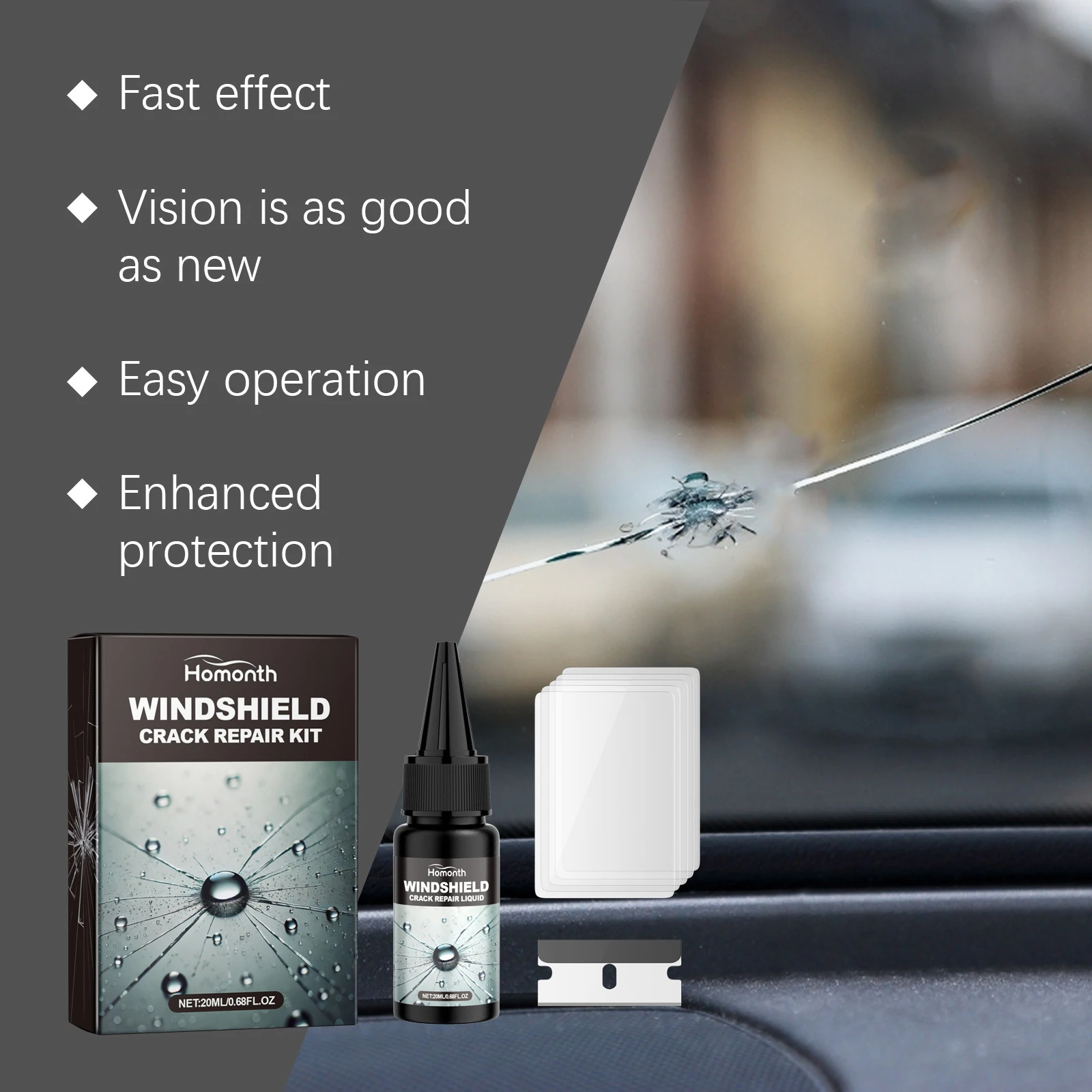 20ml Large Capacity Windshield Repair Kit Car Glass Crack Fix Tool DIY Window Screen Polishing Resin Curing Film Scraper Kit