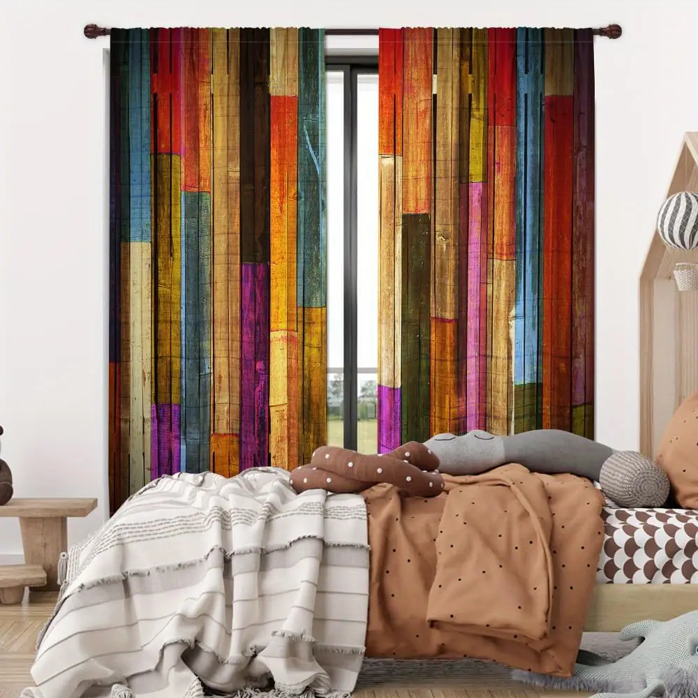 Colorful Wood Plank Curtain Abstract Painted Board Print for Living Room Rustic Decor