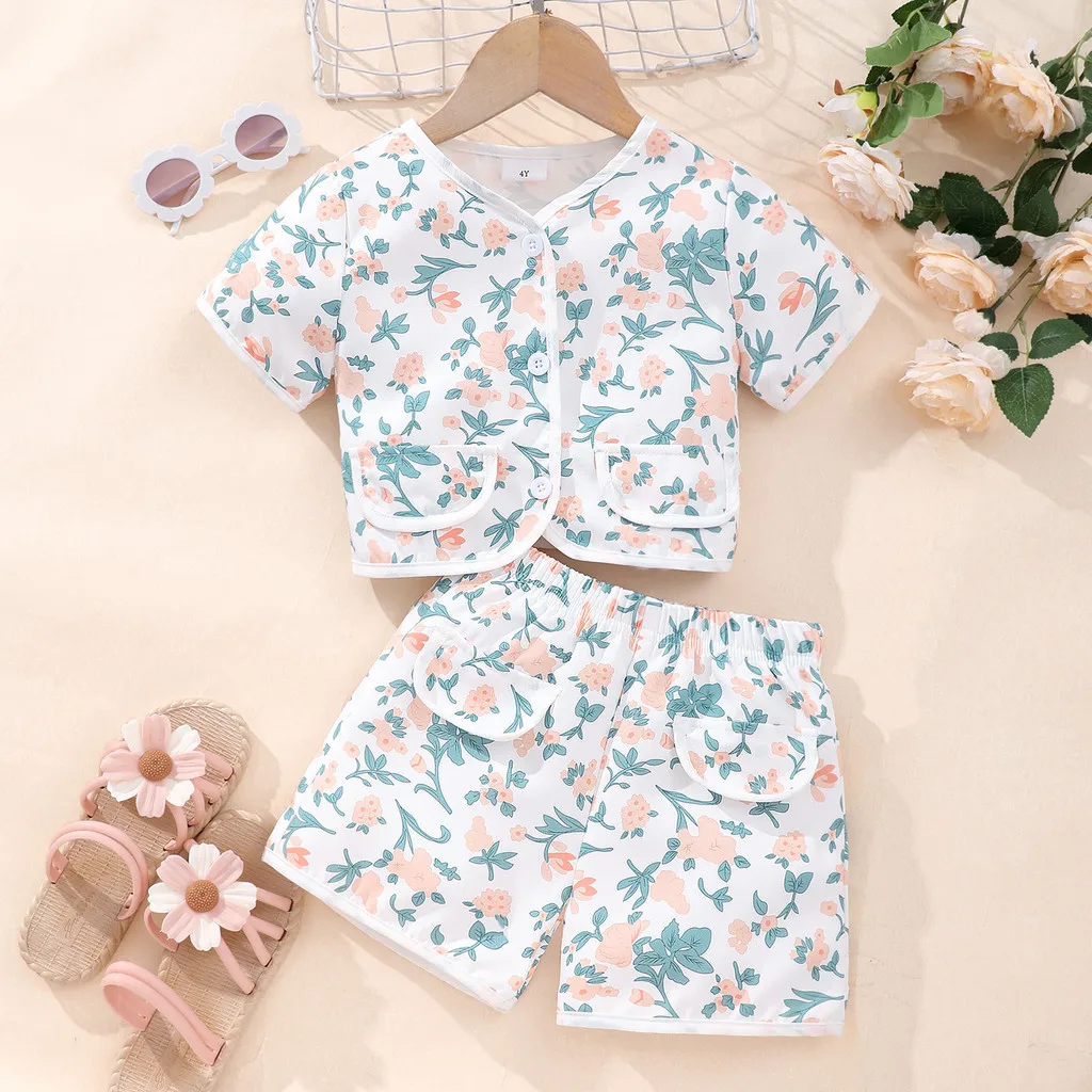 

[2 Pieces] Floral Set Kids Girl Clothing Short Sleeve Shirt + Short 3 4 5 6 7 Y Summer Korean Style Casual Floral Suit for Babys