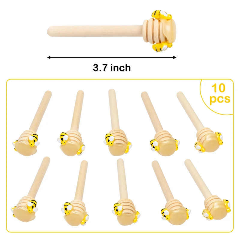 10PCS Honey Dipper Faux Honey Wooden Honey Dipper Stick with Mini Bee Decor Kitchenware Honey Stir Bar Mixing Handle Jar Spoon