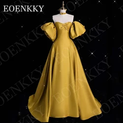 EOENKKY Exquisite Puff Sleeves Evening Dresses Gold A Line Satin Lace Floral Backless Wedding Party Dress فساتين سهرة Customized