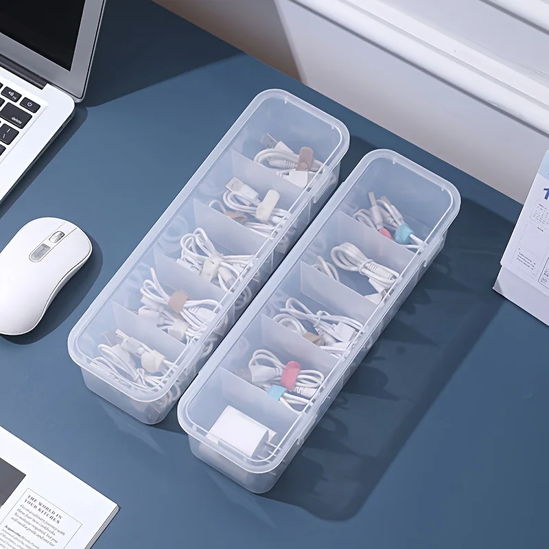 2Pcs Large Cable Management Box with Lid 5 Compartments Durable Plastic Desk Organizer for Home Office Desktop Storage Solution image 3