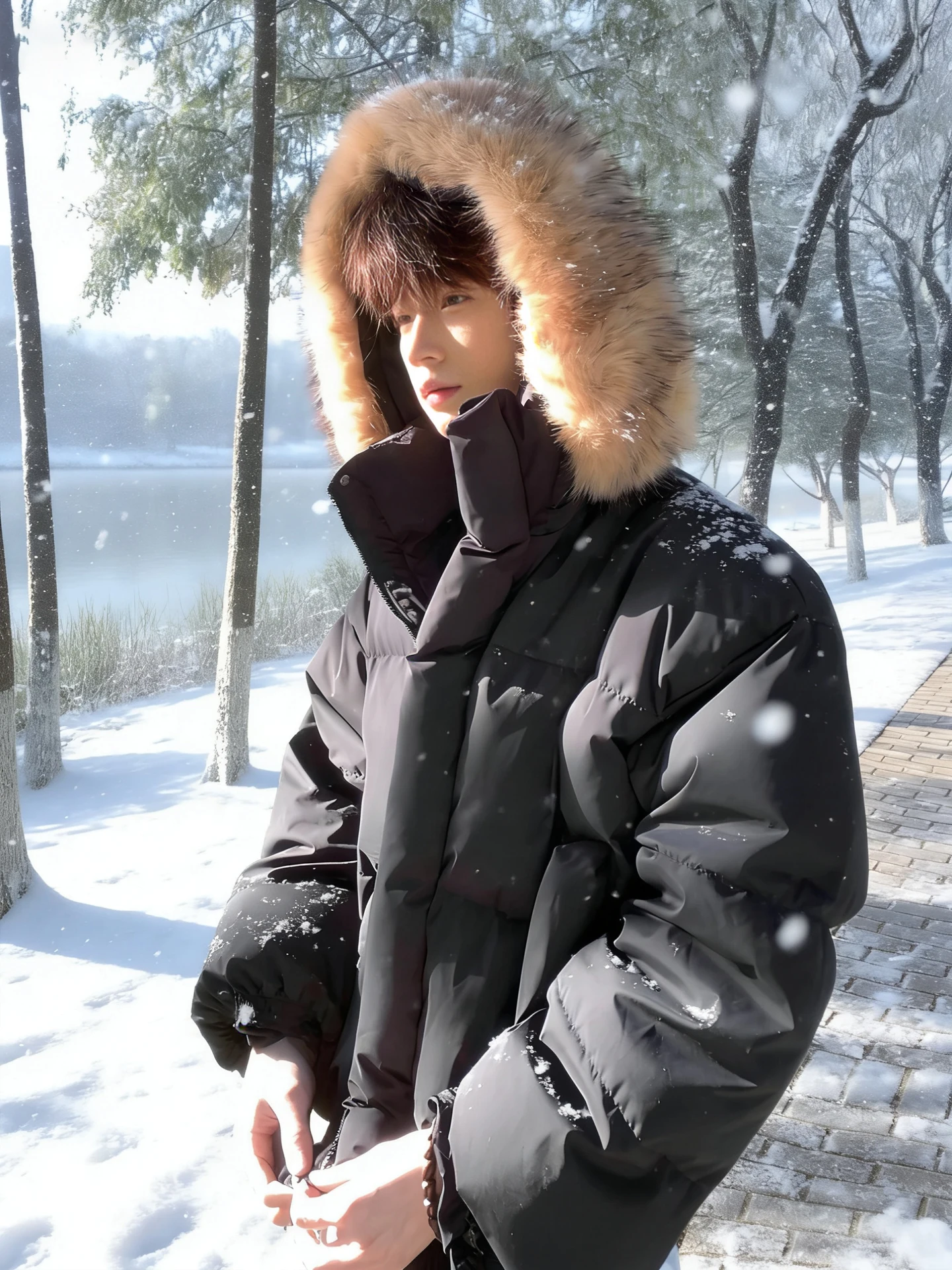 

Bla ort Padded Jaet Men's Winter Northeast Cold Resistance Warmth Fur Collar Hooded PU Leather Cotton Clothes Coat