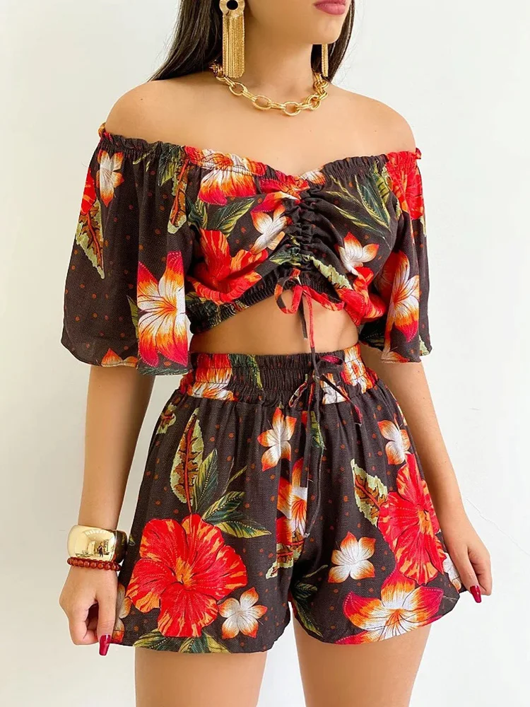 Floral Print Off Shoulder Crop Tops & Shorts Set Casual Summer Women Two Piece Set Outfits