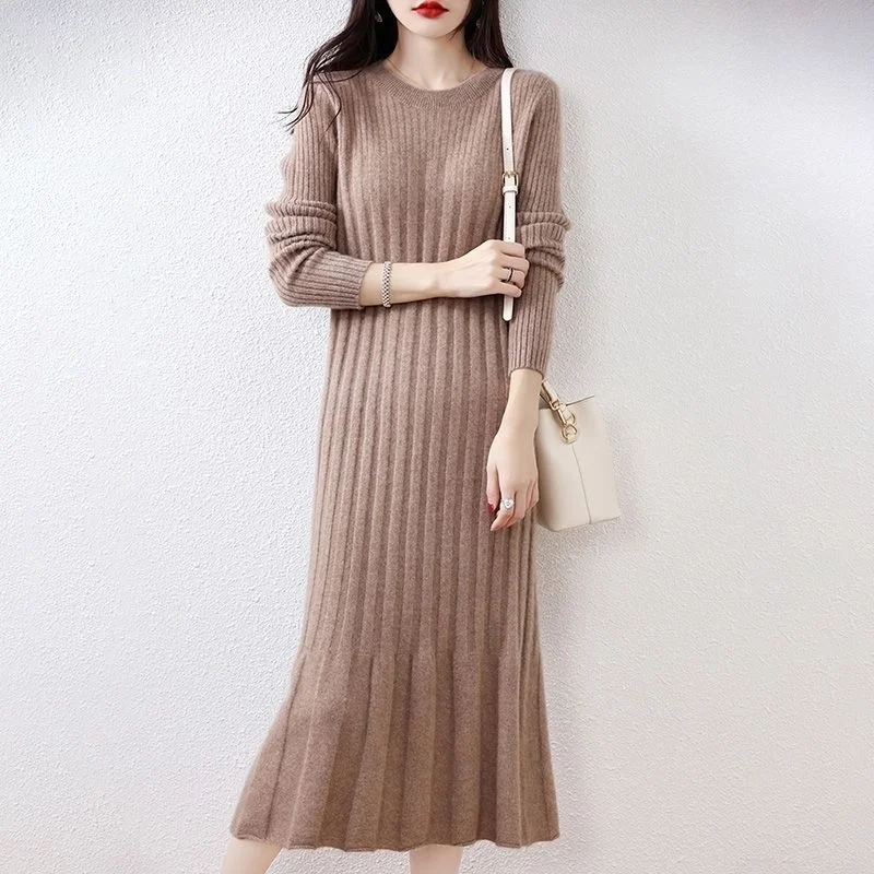 

Winter Warm Women's Knitted Dresses Wool Elegant O-Neck A-line Dress Loose Long Sleeve Casual Dress Soft Women Long Dress 2024