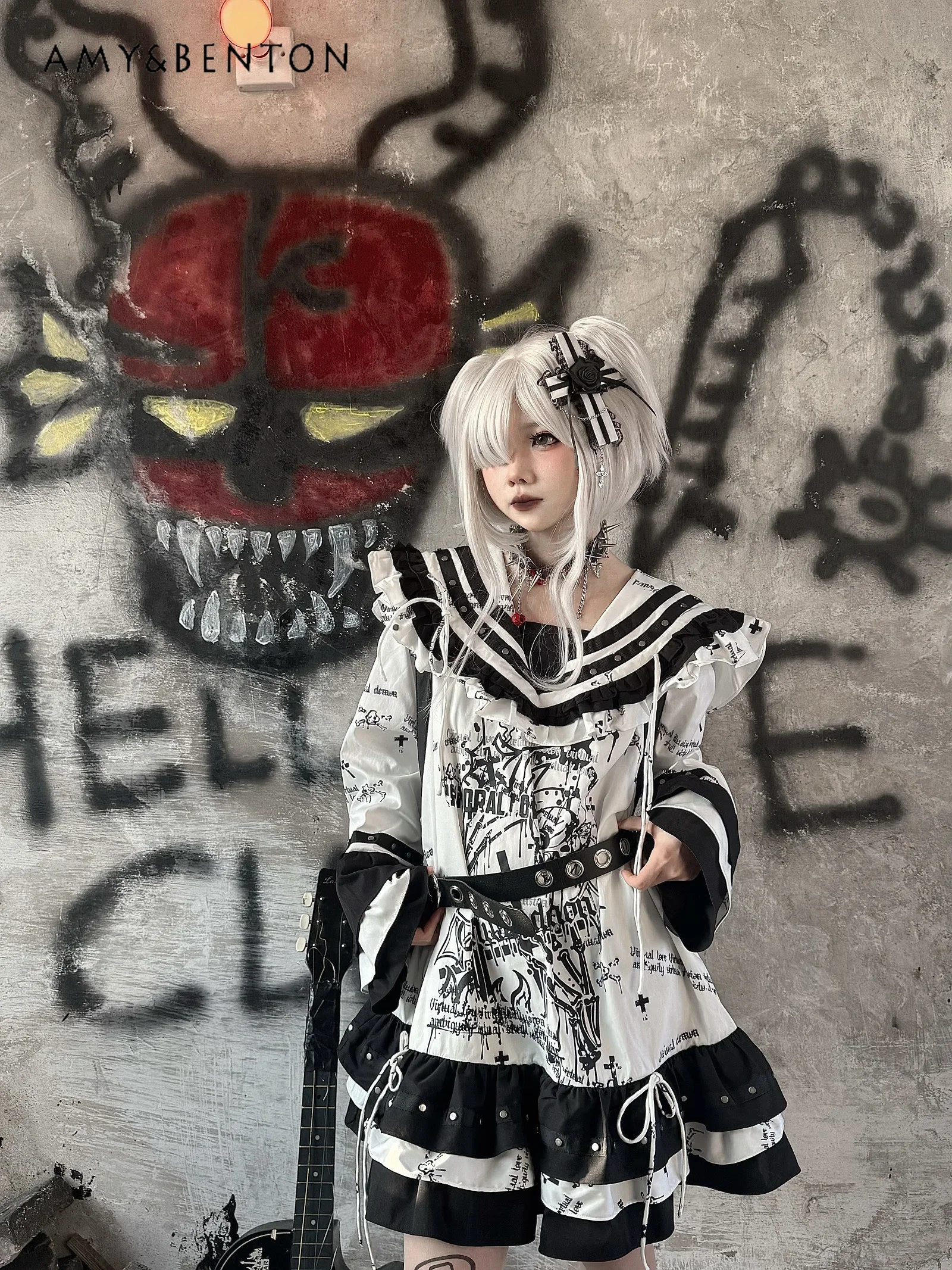 اليابانية Jk بحار دعوى الظلام فتاة ثقافة فرعية الكرتون طباعة كشكش حافة البحرية طوق فستان بكم طويل القوطي Y2K فساتين نمط فاسق