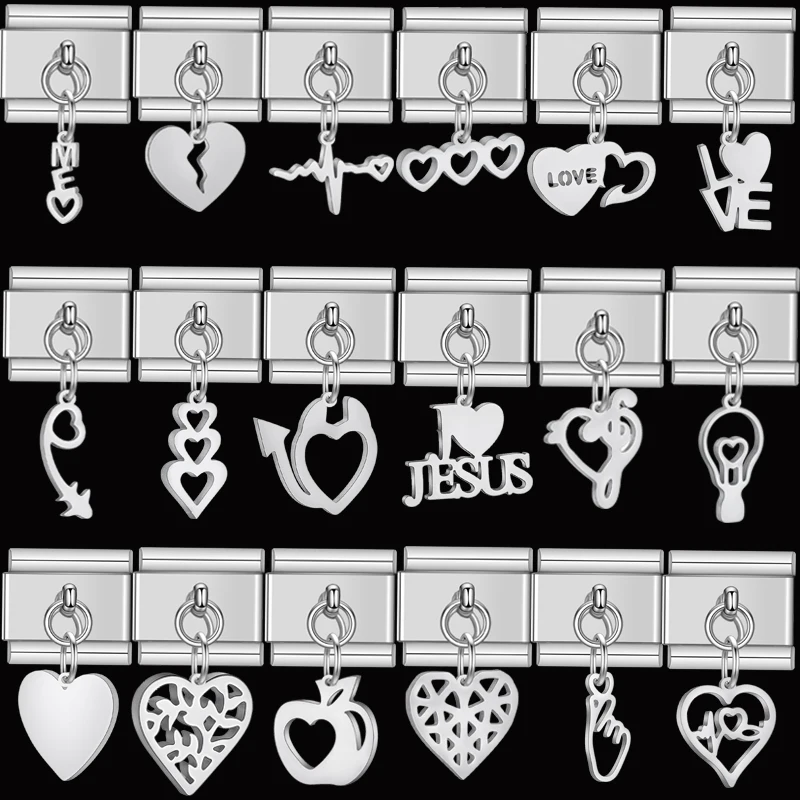 Romantic Love Heart Italian Charm Bracelet Kit Links 9mm DIY Making Jewelry Stainless Steel Jesus Amulet Devil's Heart Charms