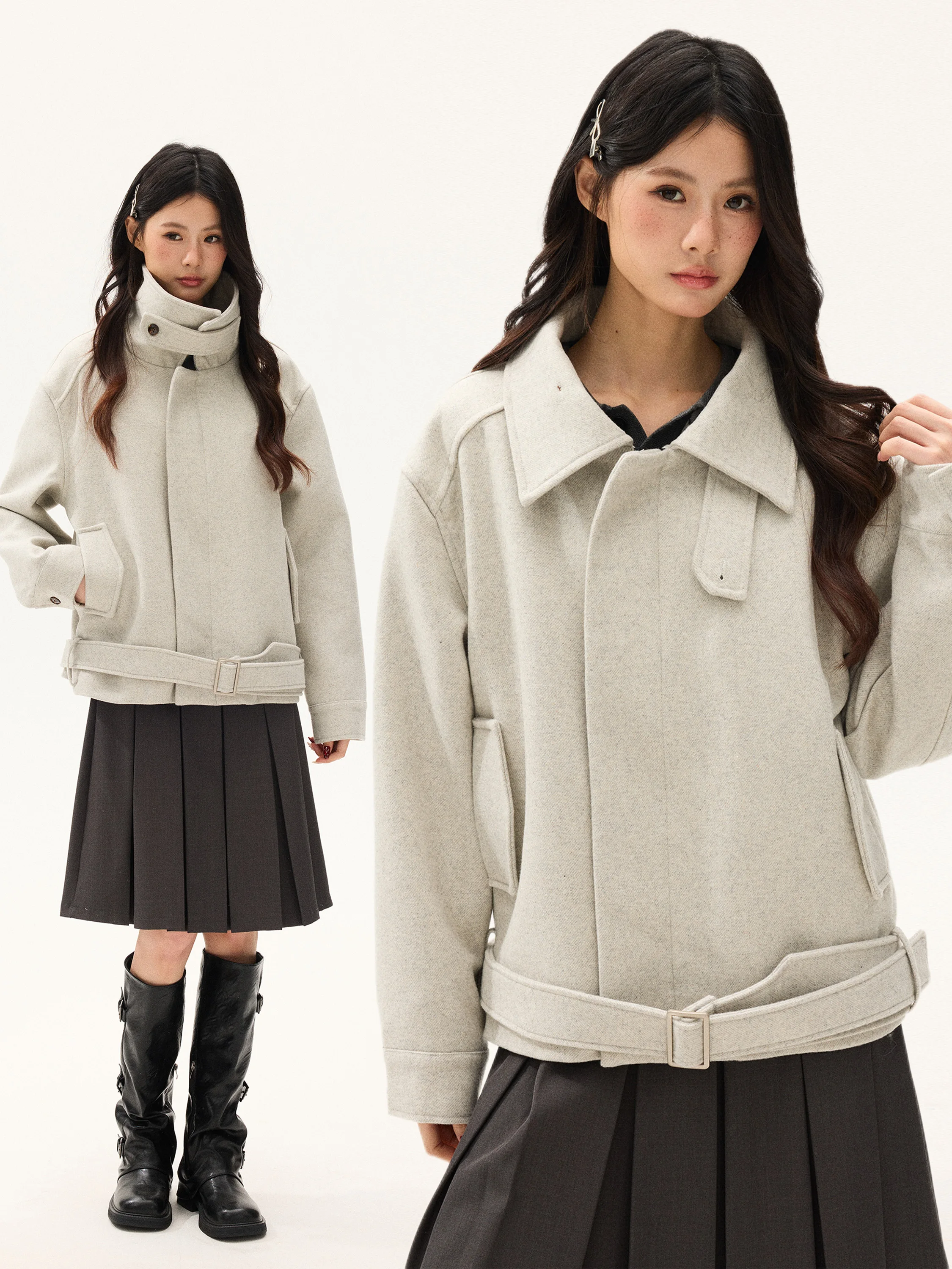 

Пальто в американском стиле из шерсти и полиэстера, повседневное, укороченное, с открытым передом, на молнии