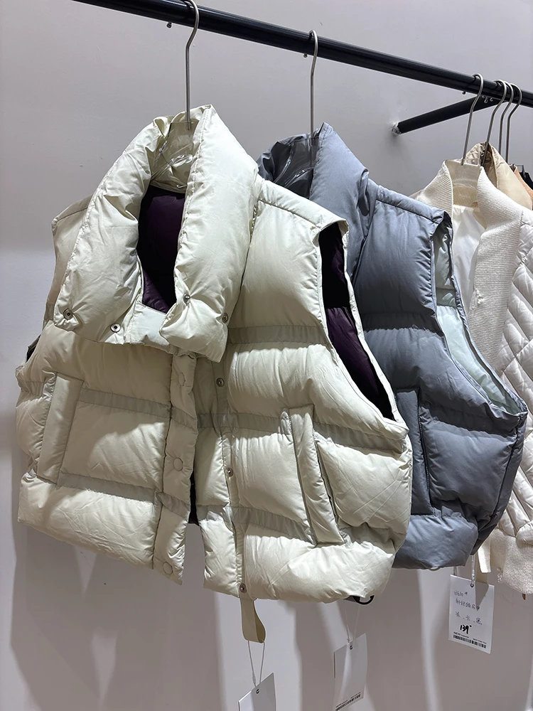 

Autumn Winter Stand Collar Puff Solid Down Vest Female Single Breasted Waistcoat Outwears Women White Duck Down Sleeveless Vest