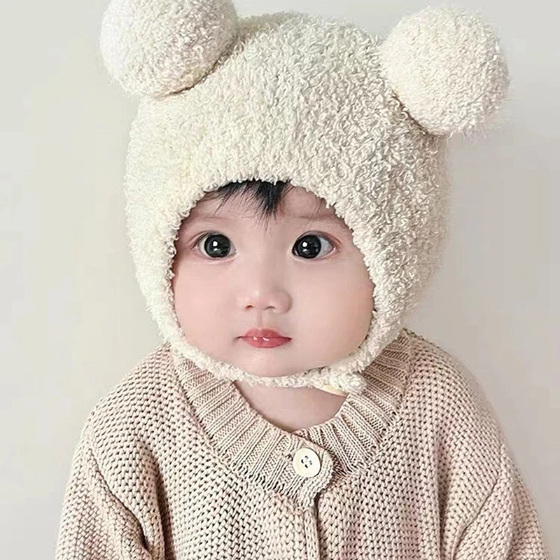 Cute Winter Warm Kids Girl Boys Baby Hats Fleece Wool Hemming Caps With Ball Wool Ear Protection Hats Soft Newborn Bonnet